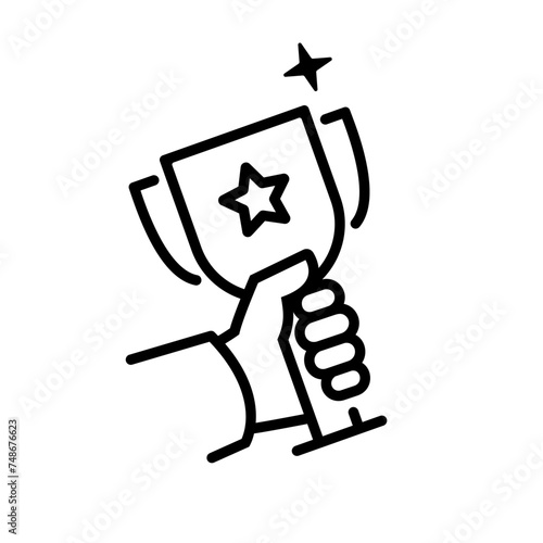 Winning cup in hand black line icon. Symbol of success silhouette, winning pictogram, championship. Gold trophy. Award bowl. Vector illustration flat design. Leadership concept.