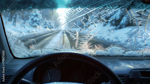 Frozen car windshield in winter