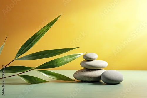 stones on a table with bamboo and leaves