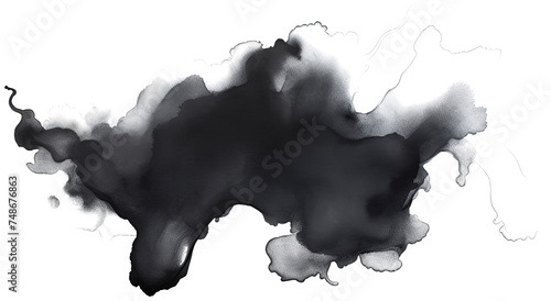 black watercolor ink blot isolated on a white transparent background, available in PNG format.