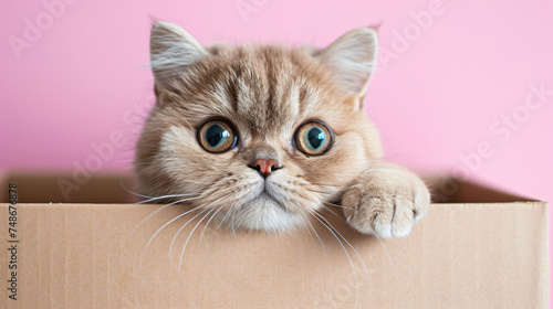 Exotic Shorthair cat peeking out of an imaginary box