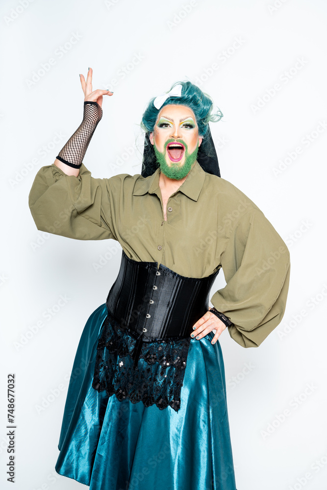 Happy transgender in corset skirt with hand on waist Happy transgender in corset skirt with hand on waist