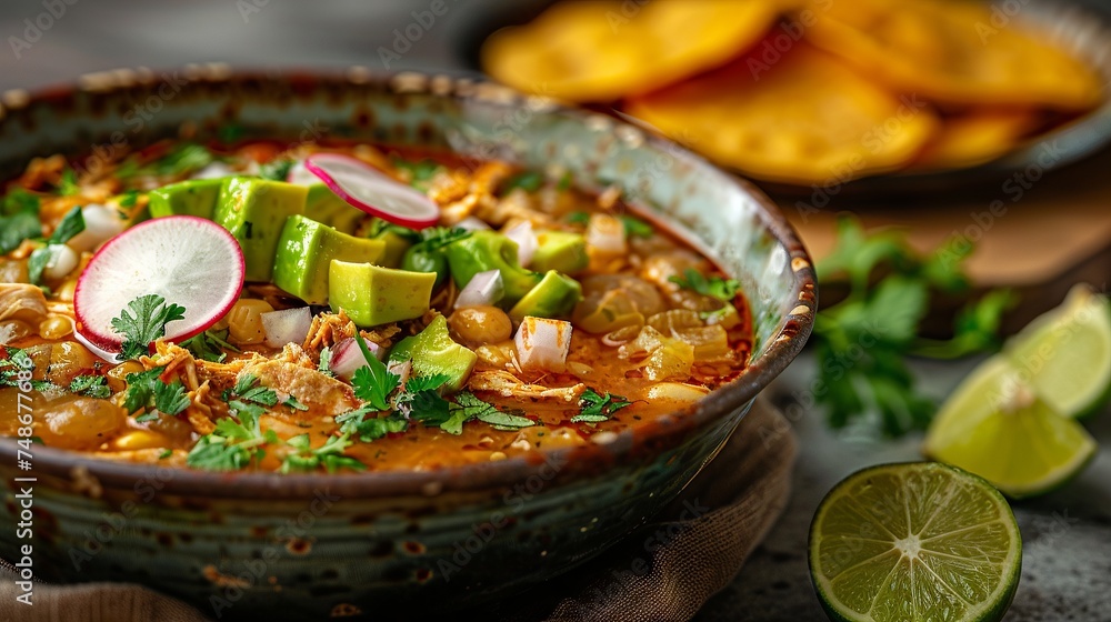 Pozole Bowl with Garnishes and Tostadas

