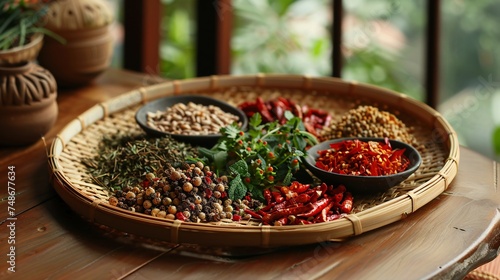 Dehydrated Thai seasonings arranged on a bamboo platter.