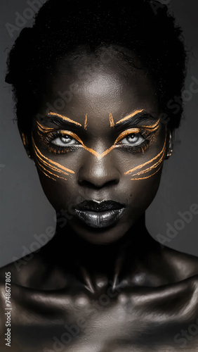 Stunning close-up portrait of a dark-skinned beautiful woman with abstract golden makeup. abstract wallpaper
