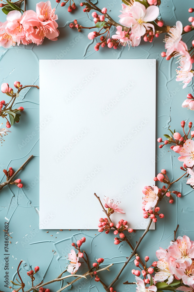 Obraz premium Overhead view of a blank canvas surrounded by pink cherry blossoms on a pastel blue background, perfect for spring event designs.