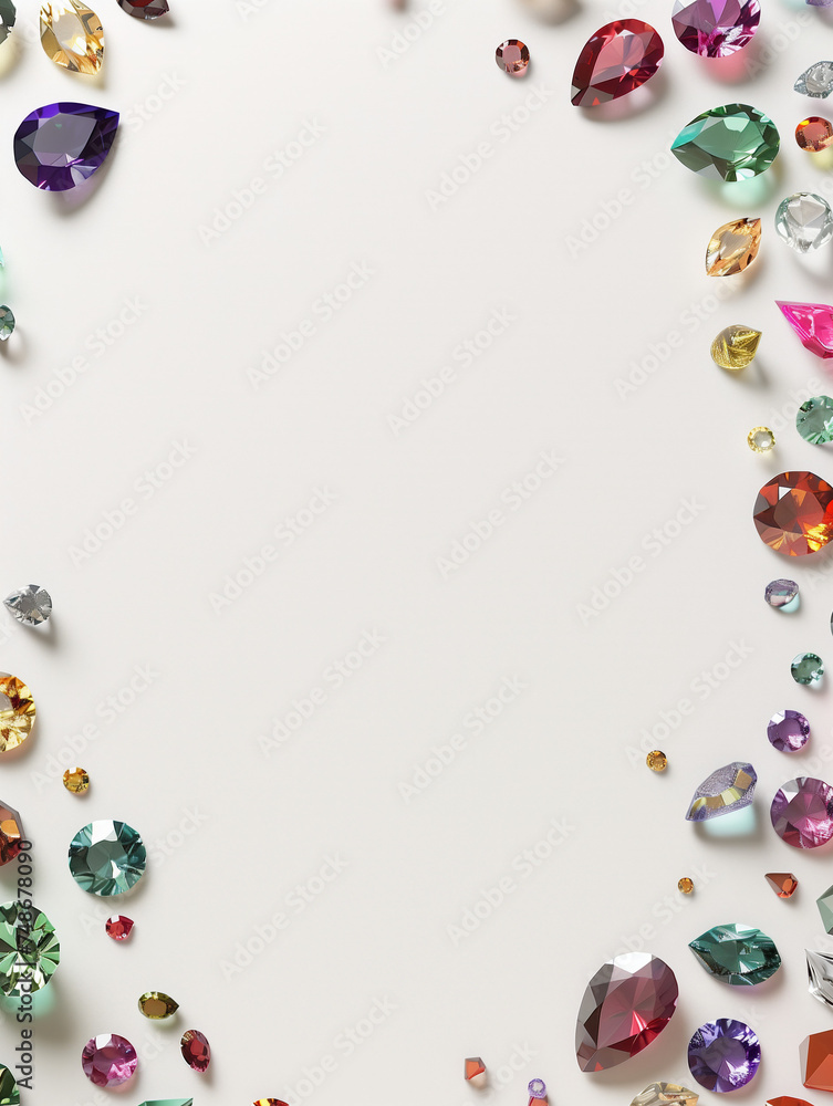 Elegant Gemstone Border: Gems of Varied Sizes and Colors on a Blank A4 Page
