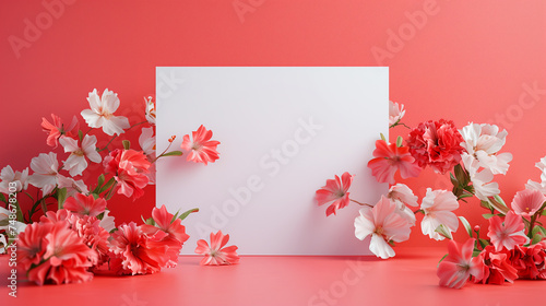 Front view of a blank card surrounded by red and white flowers for events.
