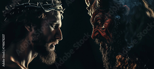 Jesus vs satan face off. Religious battle of good versus evil banner with Christ face to face with the devil