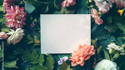 Overhead view of a floral arrangement with a blank card, ideal for event invitations.