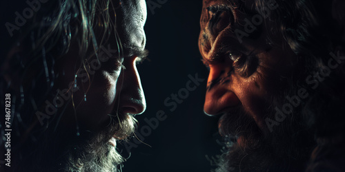 Jesus vs satan face off. Religious battle of good versus evil banner with Christ face to face with the devil photo