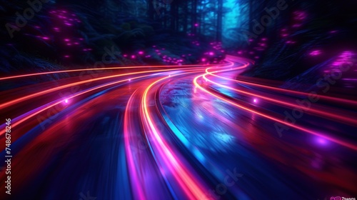 Abstract high speed light trails on dark background. Futuristic template 