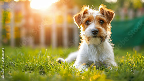Wire Fox Terriers are playful and energetic dogs who love to run around in the garden on the green grass. photo