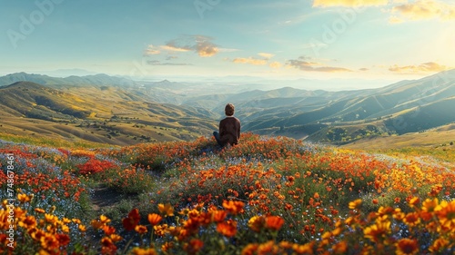 Person Overlooking Vast Valley of Wildflowers. A solitary figure sits atop a hill, taking in the breathtaking view of a wildflower-filled valley on a sunny day.