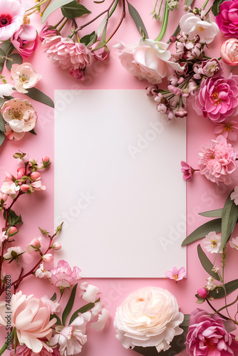 Top view of a floral frame with a space for text, ideal for celebrations.