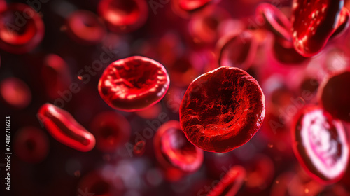 Erythrocytes red blood cells floating against dark backdrop. Medical illustration. Hematology concept. Generative AI