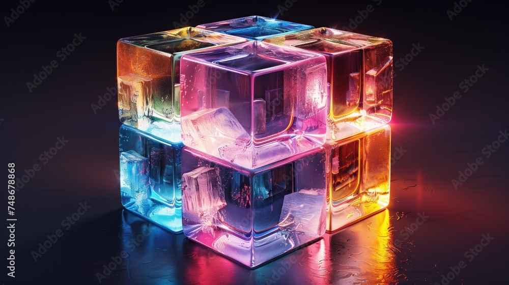 crystal glass cube With refraction and holographic effect isolated on black background. Rainbow light spreads over one another. crystal glass cube With refraction and holographic effect isolated on black background. Rainbow light spreads over one another.