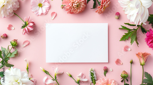Top view of a blank card surrounded by a floral arrangement on a pink background, ideal for invitations and greetings.