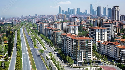 A wide aerial view of a busy city. There are many tall buildings, including skyscrapers, and a wide highway with cars driving on it.