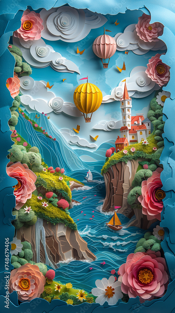 Naklejka premium Dreamy Summer Scene: Multidimensional Kirigami Craft with Blue Sky, White Clouds, Distant Mountains, Castles, Hot Air Balloons, Seas, Boats, and Flowers