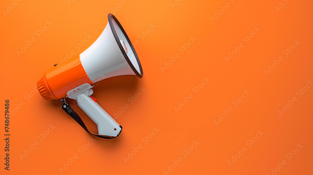 Fototapeta premium White megaphone on vibrant orange background for marketing or announcements.