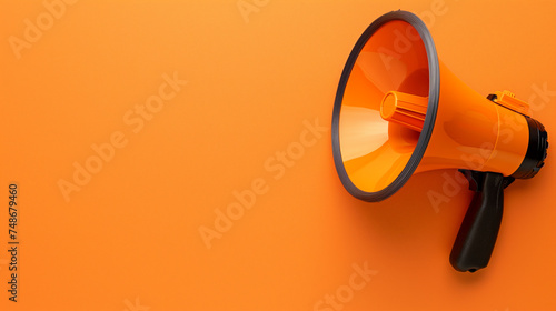 Orange megaphone on vivid orange background for marketing or announcements.