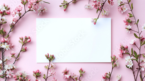 Top view of a blank card surrounded by cherry blossoms, ideal for springtime invitations.