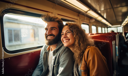 Happy young couple sitting in the train , traveling to their vacation by train. Active lifestyle concept