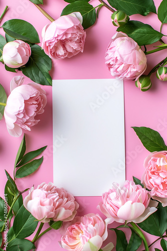 Overhead view of pink roses and peonies with a blank card, ideal for wedding or romantic event designs.