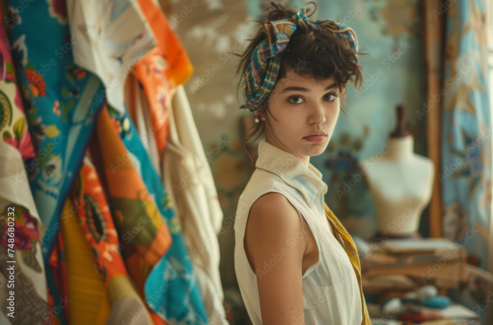 Artistic Young Woman in Fashion Studio with Colorful Textiles