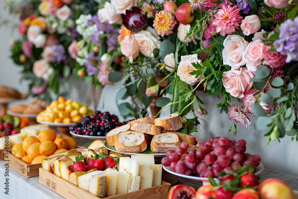 Elegant d√©cor and setup for a wedding reception with a buffet featuring platters of fruit and cheese, bread in containers, and a food station adorned with flowers and lanterns.