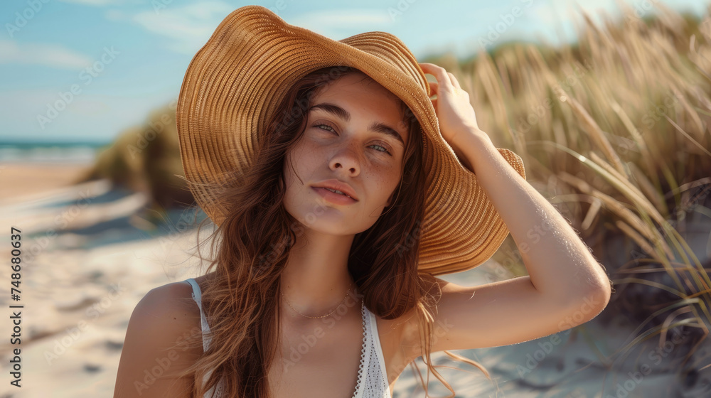 Portrait of beautiful women in summer style fashion trend outfit spending day weekend at a beach