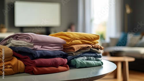 Tidy Wardrobe: Neatly Folded Colored Clothes on Table