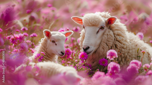Cinematic photograph of sheep and baby in a field full of blooming flowers. Mother's Day. Pink and purple color palette.