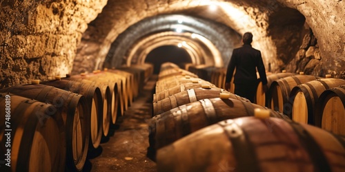A youthful traveler explores a cellar filled with antique wooden casks of wine in France.