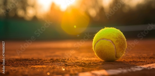 Bright greenish-yellow tennis ball bouncing energetically on a well-trodden clay court. © Irfanan