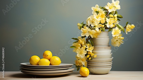 Spring Still Life: White Dishes with Yellow Flowers