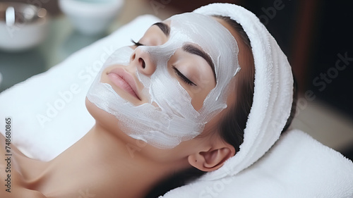 Relaxing Beauty: Woman Applying White Clay Facial Mask on Sofa