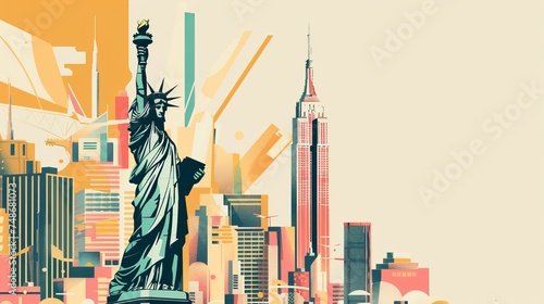 Statue of Liberty and New York, cityscape double exposure contemporary style minimalist artwork collage illustration. Ai generative.