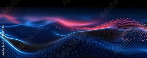Futuristic abstract image of a digital particle wave with neon blue and red colors suggesting a high-tech or science theme, ideal for backgrounds in tech presentations or cyber events.