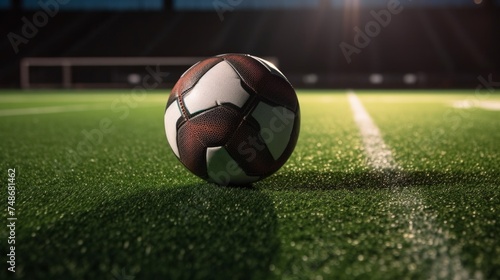 Soccer ball in a close-up shot, strategically placed at the center of a football field. © Irfanan