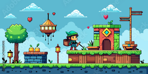 Retro Pixel Art Adventure: Platformer Game Vector
