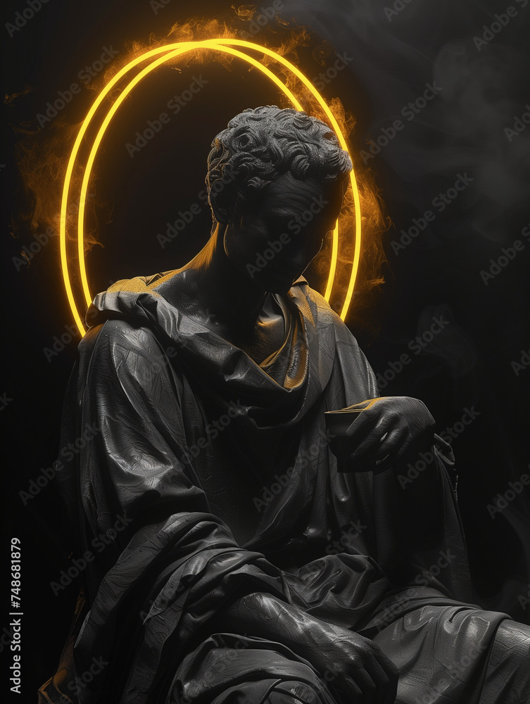 Evangeline Lilly in Androgynous Art: Neon Gold Halo and Ancient Statue Aesthetics in Surreal Black and White Evangeline Lilly in Androgynous Art: Neon Gold Halo and Ancient Statue Aesthetics in Surreal Black and White