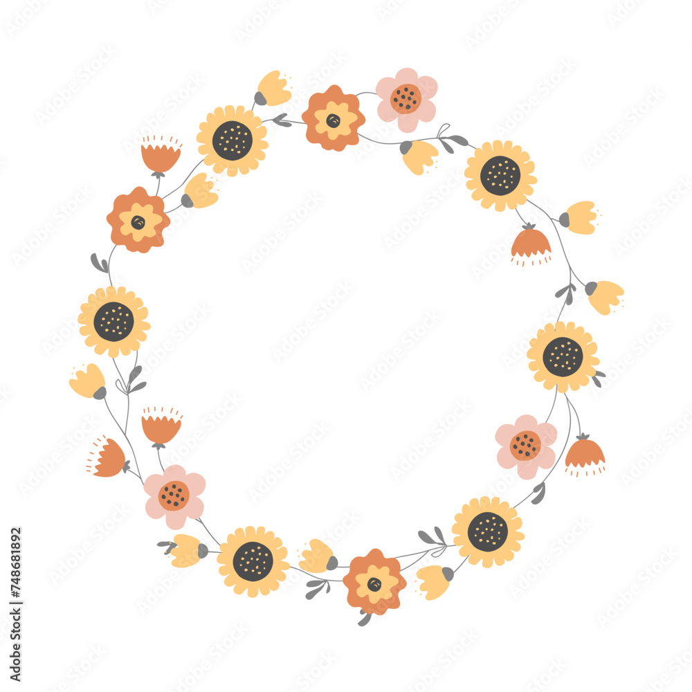 Elegant wavy flower wreath frame. Scandinavian flowers border for Birthday, anniversary, greeting card, baby shower celebration. Elegant wavy flower wreath frame. Scandinavian flowers border for Birthday, anniversary, greeting card, baby shower celebration.