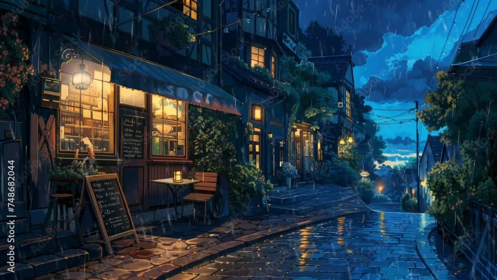 Lofi rainy cafe at night. seamless looping 4k time-lapse animation video background Lofi rainy cafe at night. seamless looping 4k time-lapse animation video background
