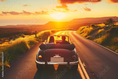 A young couple drives along a country road in an open-top car at sunset. AI generative © tiena
