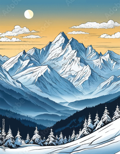 Snowy mountain range surrounded by fir trees. 
