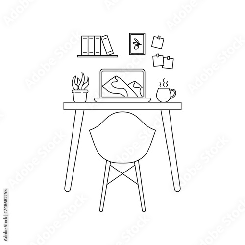 Home office interior illustration, line style editable stroke