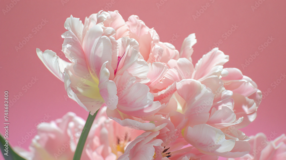 Fresh light peony tulips on pastel pink background.