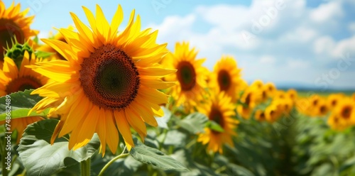 Sunflowers in full bloom transform the field into a lively and colorful texture.